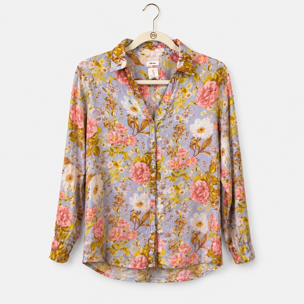 Joie 100% Linen Button Down Shirt Womens Small Blue Pink Floral Long Sleeve Top